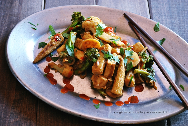 Cauliflower and broccoli stir-fry with tofu + sriracha-spiked peanut sauce
