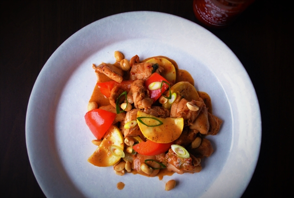 Chicken Stir-Fry with Yellow Squash, Peanuts, and Chili Garlic-Coconut Sauce