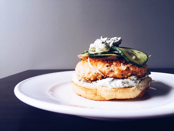 Smoked Salmon Burger with Whipped Dill Cream Cheese and Cucumber Relish