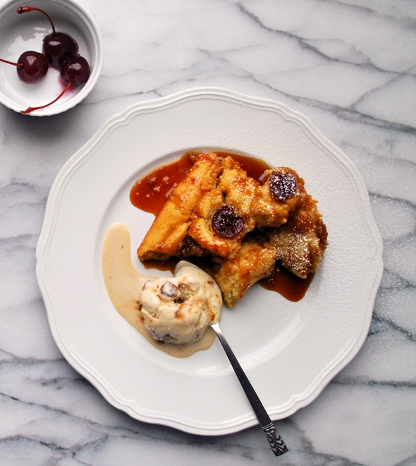 Sticky banana pudding cake with maple-bourbon syrup and bourbon-soaked cherries