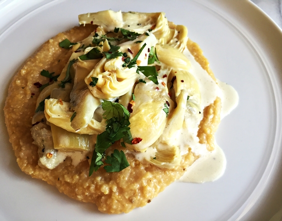 Polenta with Mushrooms and Parmesan + Artichokes Braised in Cream