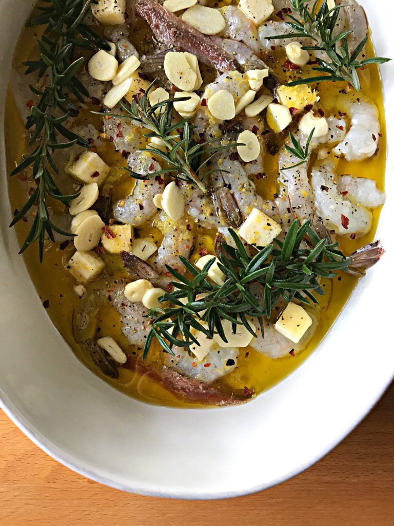 Olive oil and rosemary-braised shrimp with garlic, anchovies, and red pepper flakes